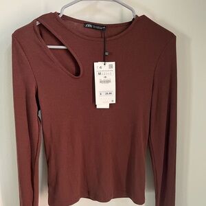 Zara Brown Fitted Cutout Blouse